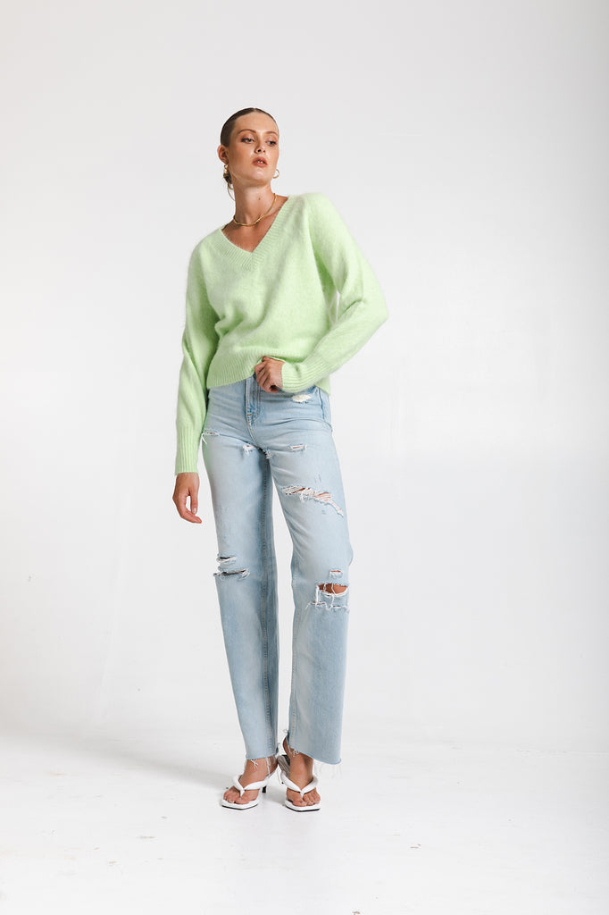 Fluffy V Neck Pullover - Butterfly Green