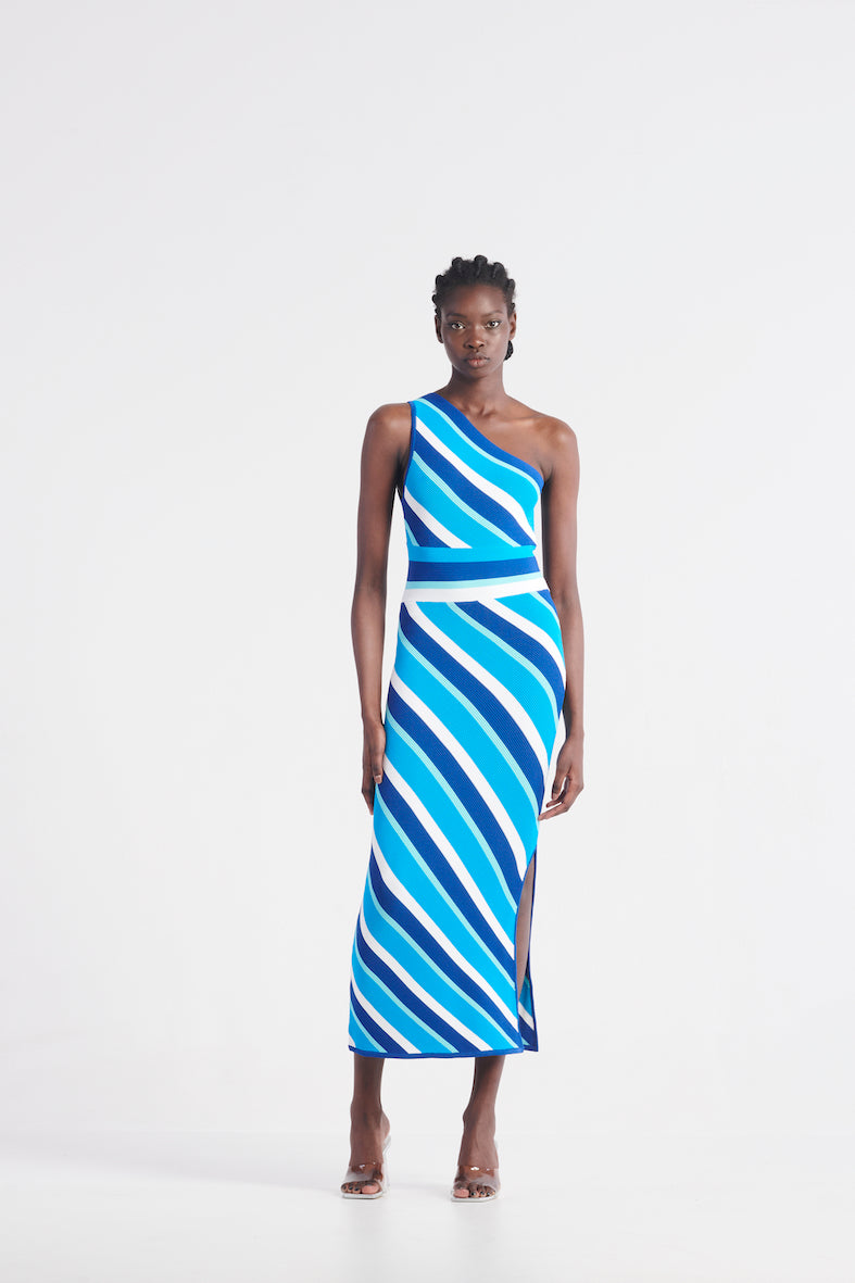 St Tropez One Shoulder Knit Dress - Mykonos Blue Stripe