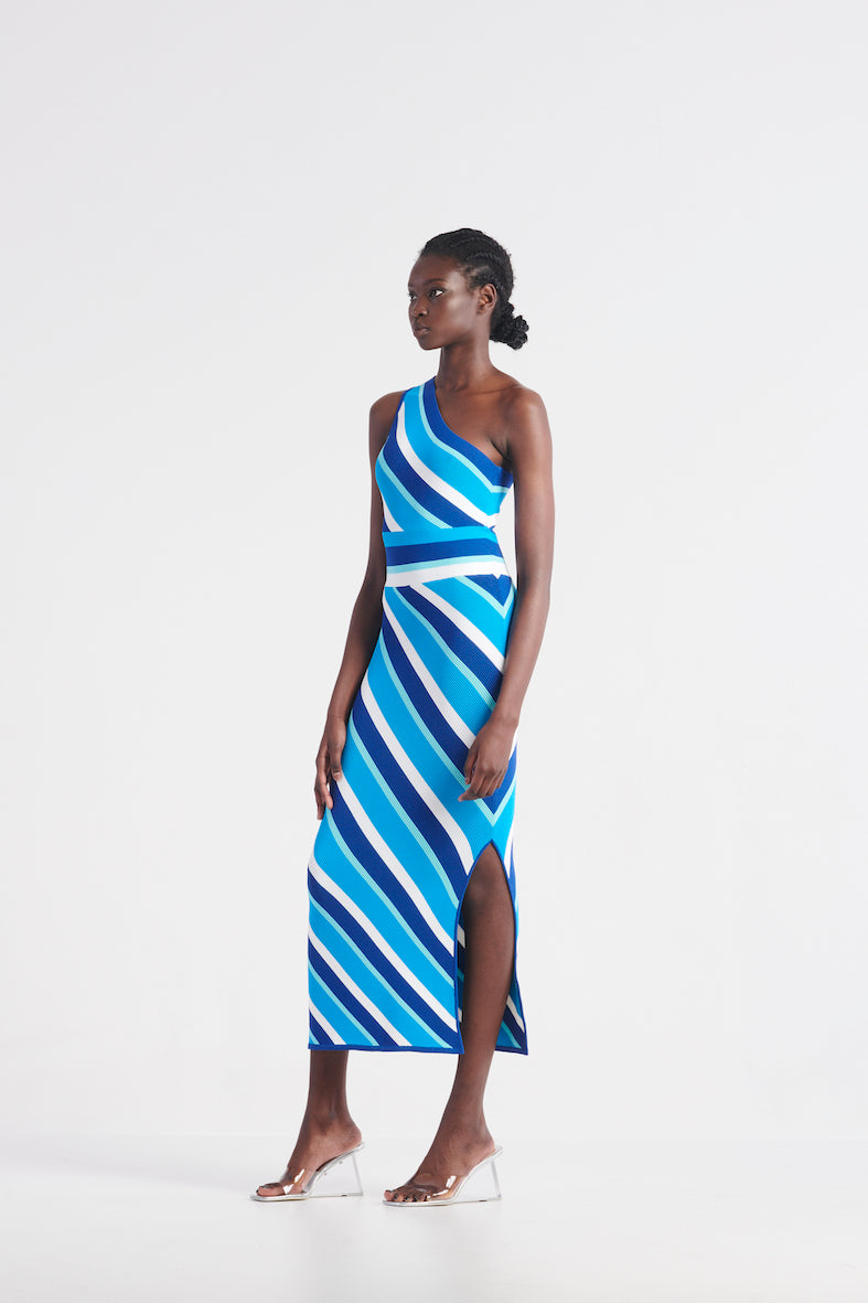 St Tropez One Shoulder Knit Dress - Mykonos Blue Stripe
